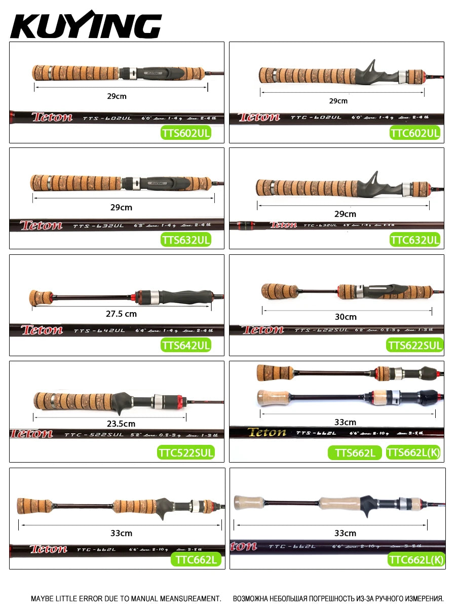 KUYING TETON L UL SUL 5'2" 6' 6'3" 6'4"6'2" 6'6" Fishing Rod Lure Cane Spinning Casting FUJI Carbon 1-4g 0.8-3g 2-10g M-Fast bfs