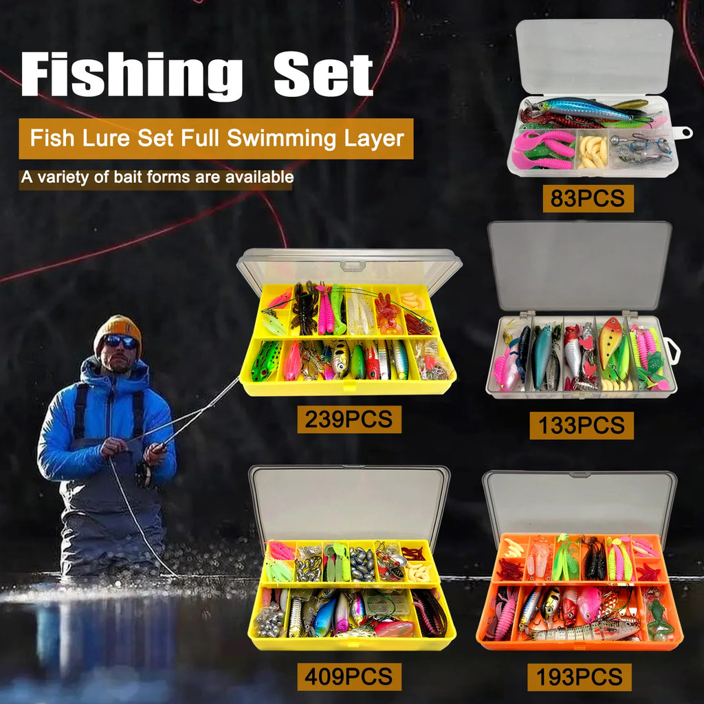 Complete Fishing Lure Kit – 83 to 409 Piece Sets for Bass, Pike & Trout